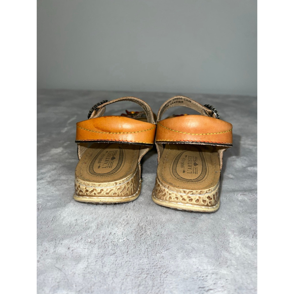 Women's L'ARTISTE Brown Navy Floral Leather Sandals Size 6-36 - Picture 3 of 9